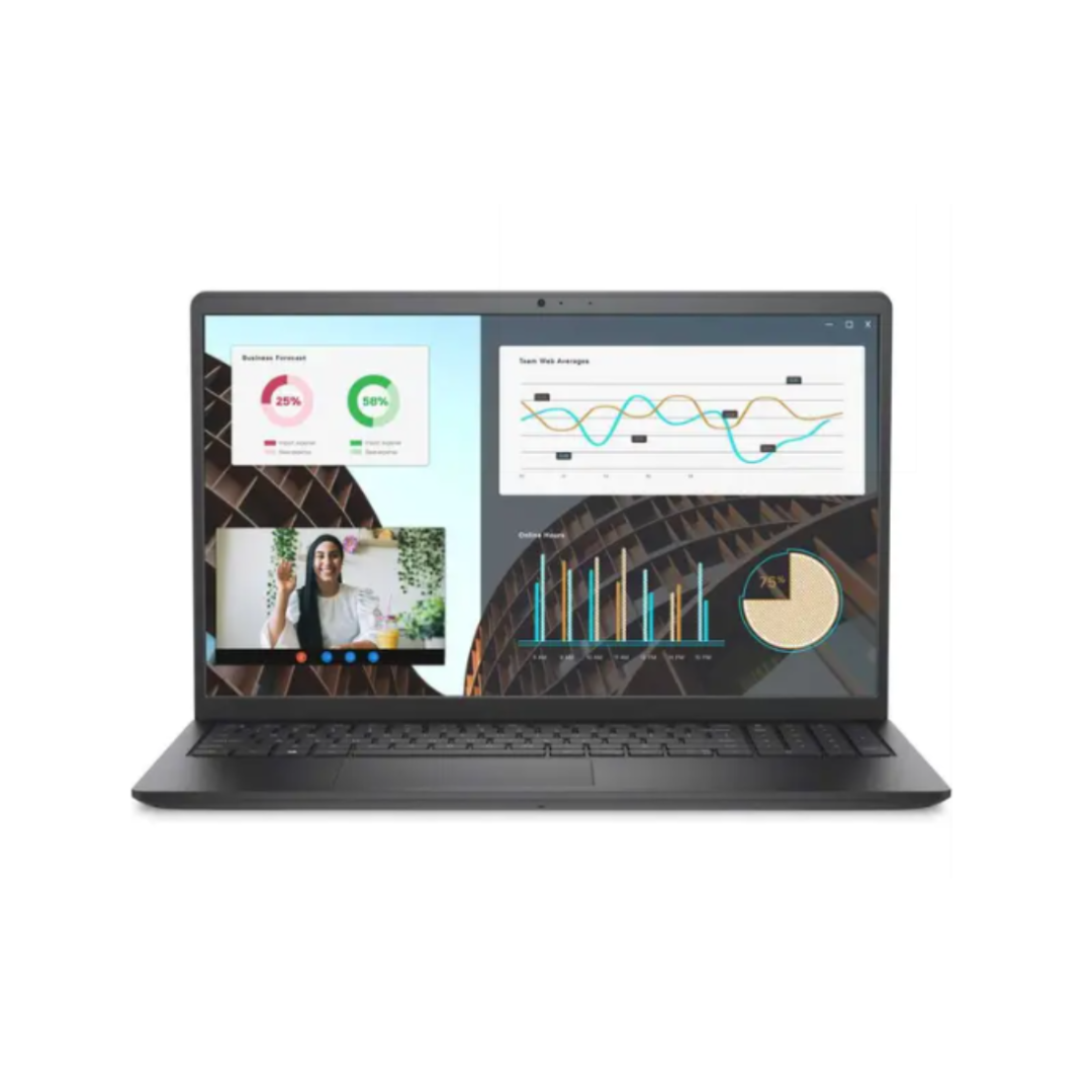 Laptop displaying multiple screens with graphs and a video call on a white background